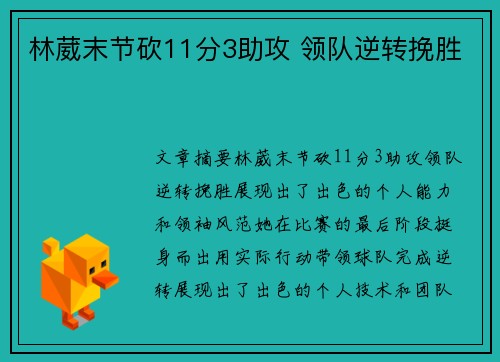 林葳末节砍11分3助攻 领队逆转挽胜